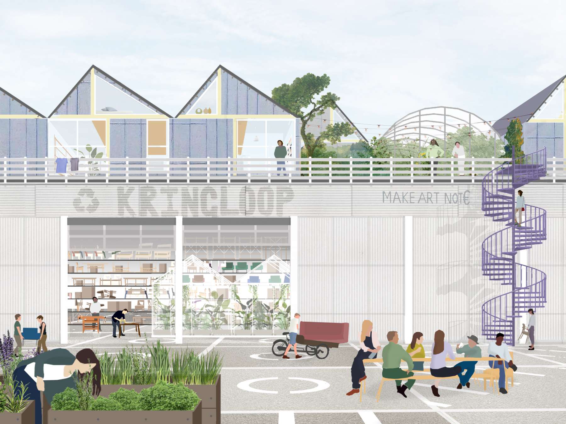 kringloopwinkel met werkplaats en bovenwoningen